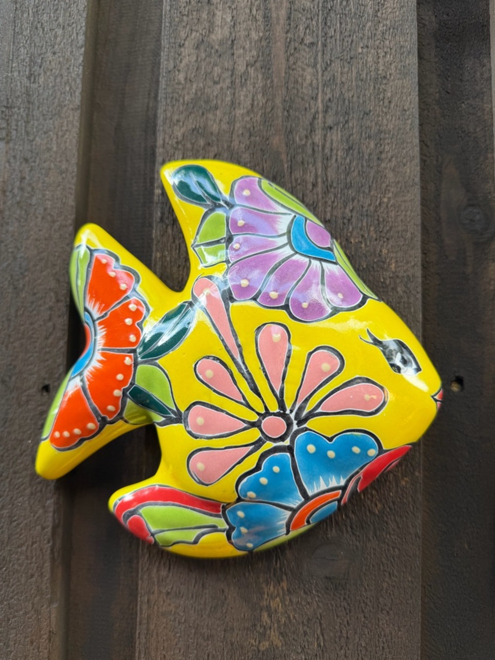 Decorative Yellow Floral Talavera Fish Wall Décor.